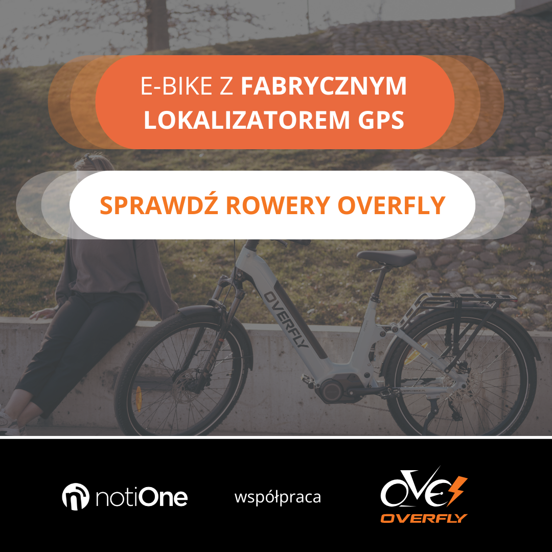 Obrazek z rowerem elektrycznym w tle, informujący o współpracy firmy notiOne z producentem rowerów elektrycznych Overfly.