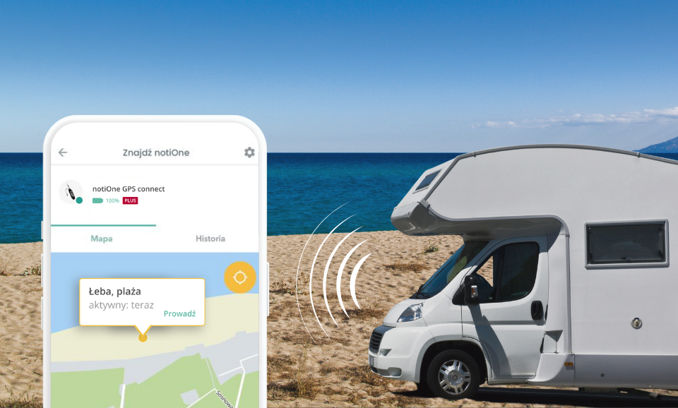 grafika przedstawia telefon z aplikacją notione, który odbiera sygnał GPS z kampera stojącego na plaży